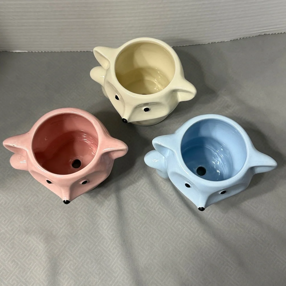 Set of 3 Fox Shaped Ceramic Planters Pink Blue Cream Small Potted or Air Plants